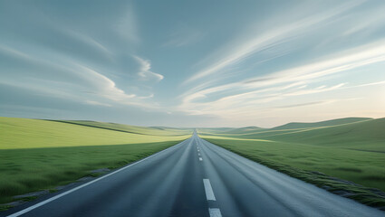 Naklejka premium Endless asphalt road vanishing into a scenic landscape under a dramatic, swirling sky.