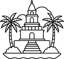 Temple on Water with Palm Trees