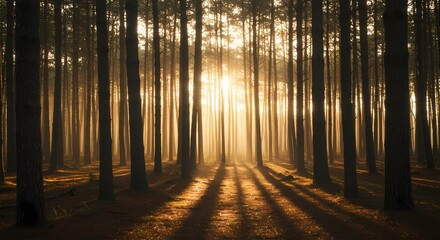 Sunrise in a Pine Forest Golden Rays and Misty Morning