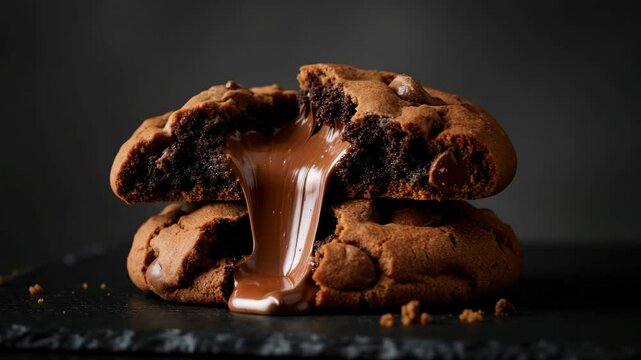 Melting chocolate cookie indulgence: gooey dessert temptation in slow motion