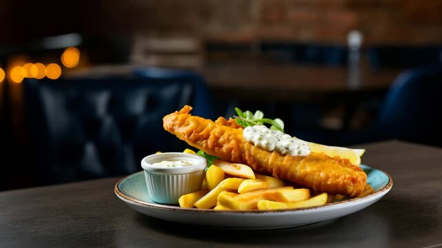 Gourmet fish and chips dish serving with tartar sauce in elegant restaurant setting