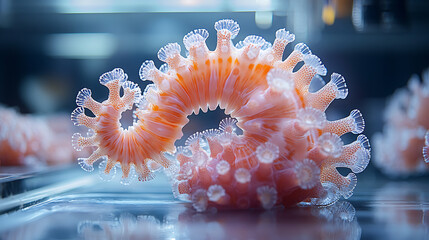 Close-up of a seahorse's prehensile tail wrapped around a simulated piece of coral in a controlled lab setting, captured with cinematic photography, emphasizing its grasping ability 