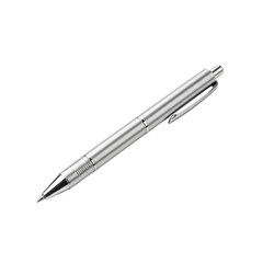A single, sleek silver metallic gel pen with a polished finish and translucent reservoir, resting flat on a transparent seamless isolated background in a bright studio with diffused shadowless