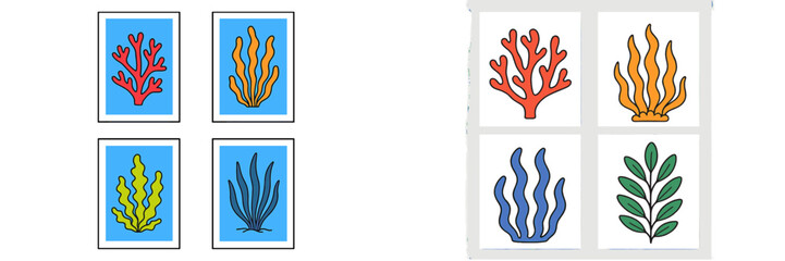 Colorful coral and aquatic plant illustrations in vibrant blue backgrounds displayed together