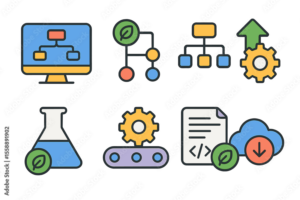 Poster colorful vector graphics of technology and process icons illustrating data management and automation