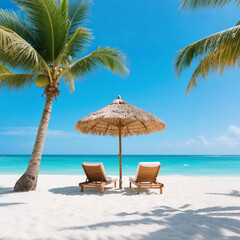 Tropical Beach Scene with Lounge Chairs and Thatched Umbrella