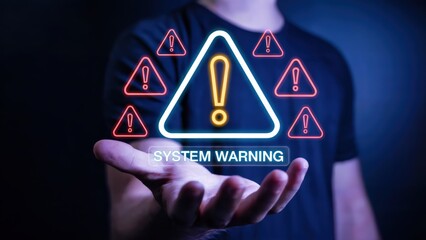 System warning displayed with neon icons held by a person