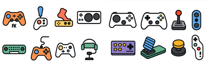 Collection of colorful gaming controller icons depicting various popular game devices and accessories