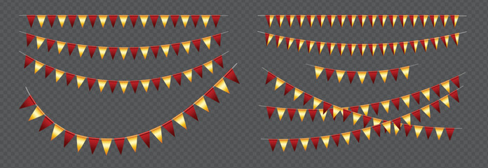 Realistic Triangle Bunting flags set, Red and Gold vector pennants hanging on the rope, colorful flag garland for party and holiday decorations