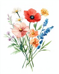 Delicate Watercolor Illustration of a Colorful Bouquet of Flowers