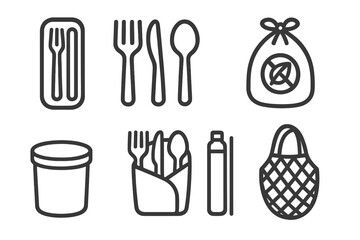 Illustration of various utensils, containers, and bags for food storage and serving