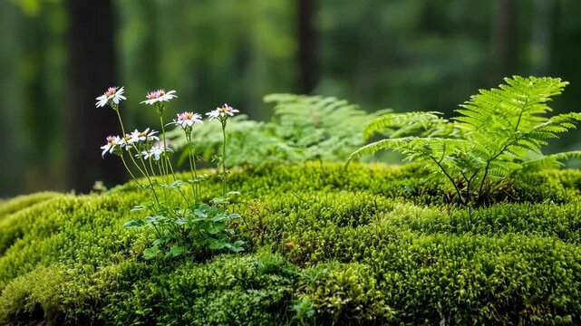A vibrant green moss patch adorned with delicate flowers and ferns.