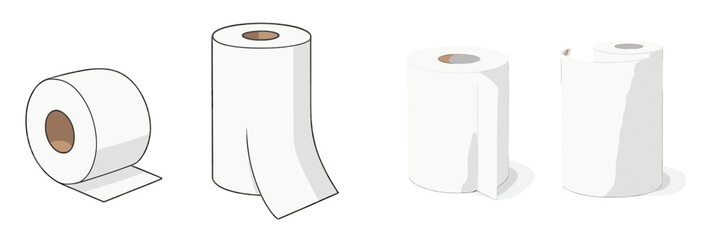 Different styles of toilet paper rolls displayed on a plain background in a clean and minimalistic arrangement