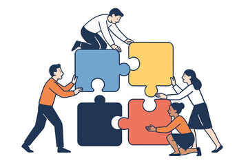 Team members collaborate to assemble colorful puzzle pieces in a creative workspace during a brainstorming session