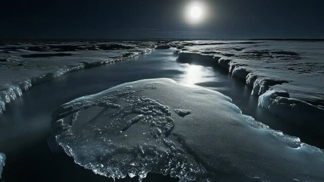 Frozen frigid arctic vista under moonlit skies