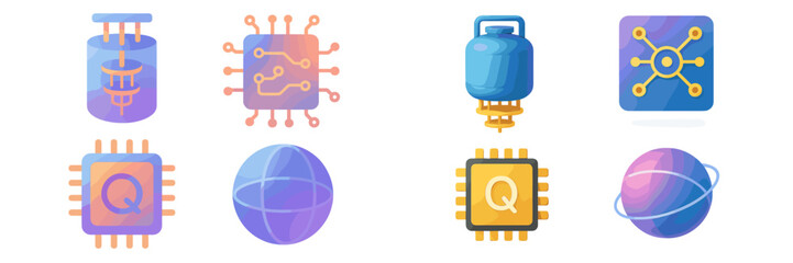 Colorful digital illustrations of technology and science concepts featuring circuits, molecules, and gas containers