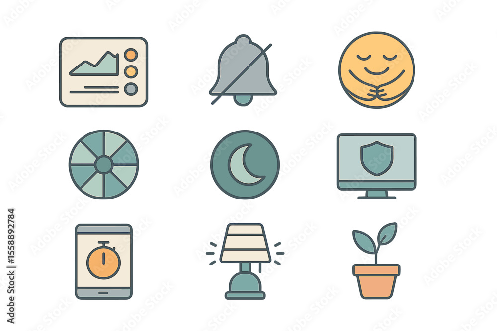 Fototapete Icons representing various concepts of productivity, relaxation, and technology in a minimalistic style with soft colors
