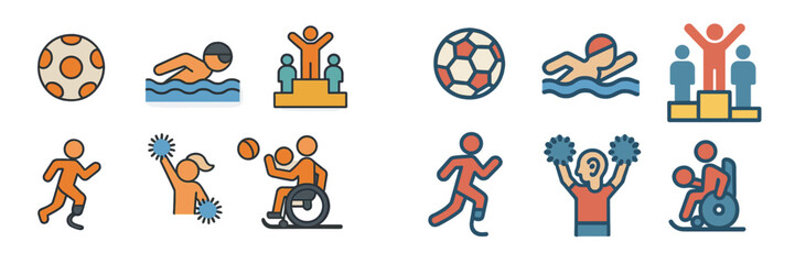 Various sports activities are illustrated, showcasing swimming, cheering, and teamwork in competitions