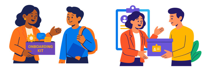 New employee onboarding process with friendly guidance and resource sharing in a vibrant workspace