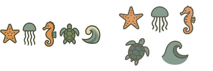 Ocean-themed illustrations featuring various sea creatures and waves suitable for educational materials, decoration, or crafts