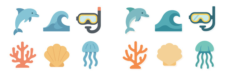 Ocean-themed illustrations showcasing marine life, snorkeling gear, and coral at a beachside environment