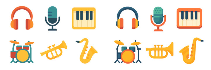 Colorful music icons representing various instruments and audio equipment in a creative layout © icon_art