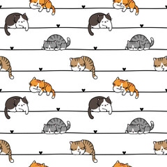 Seamless Pattern with Cartoon Cat, Heart and Line Design on White Background. Hand Drawn Vector Illustration.