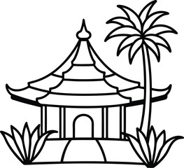 Traditional Asian Pagoda with Palm Tree