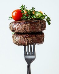 Grilled steaks are piled on top of each other on a fork, garnished with herbs and colorful vegetables.