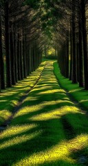 A forest path illuminated by the golden rays of dawn, with tall pine trees on both sides. The path is filled with green grass and has shaded areas.