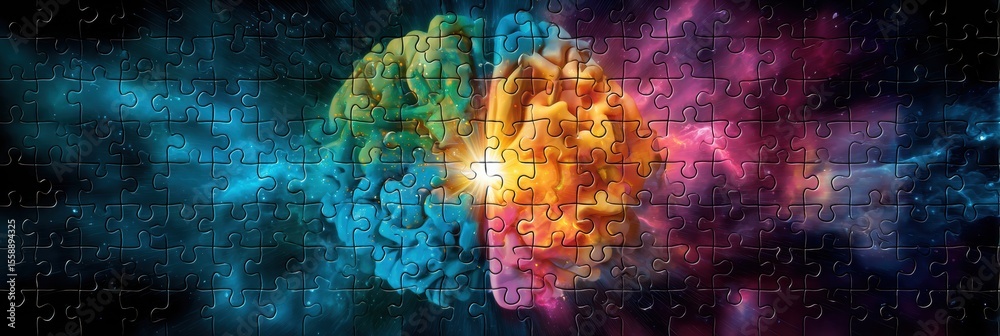 Poster Colorful Puzzle Ribbon Glowing at the Center of an Abstract Brain Design in a Dynamic Cosmic Background