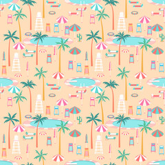 Tropical vacation poolside scene vector seamless pattern. Round pool, swim rings, palm trees, colorful sun loungers, parasols, lifeguard chair on beach sand background. Fun summer resort repeat tile