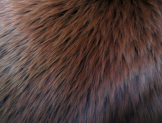 Close-up view of a brown animal fur texture showing detailed strands and patterns in natural light