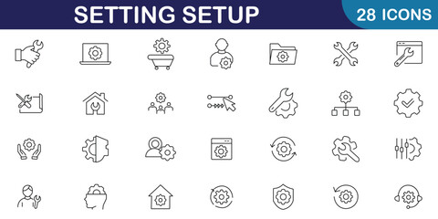 Settings and Setup icon set. Containing options, logo, tools, configuration, preferences, adjustments, gear, ui and more. Editable stroke. Vector illustration.