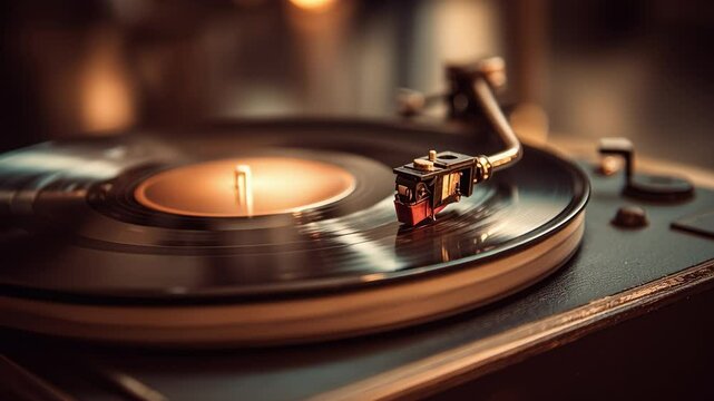 Vintage turntable playing a vinyl record in warm light