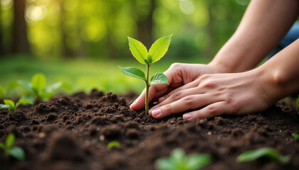 Children planting tree for peace. Young hands gently planting small tree sapling in rich dark soil. Children planting tree for peace symbolizes hope and environmental responsibility.