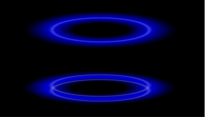Glowing blue neon ring pair on black background, futuristic sci-fi portal concept, top and perspective view, digital vector design for tech and energy themes