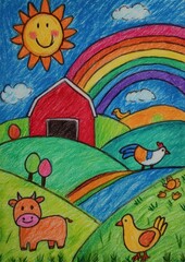 Vibrant farm scene with a cheerful sun, rainbow, and cartoonish farm animals depicted in crayon art