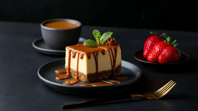 Delicious cheesecake and berries with coffee: indulgent dessert presentation enhancing dining experience