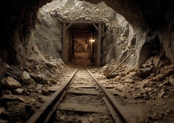A Dark Mine Shaft with Rails Leading into the Depths and Rocky Walls Illuminated