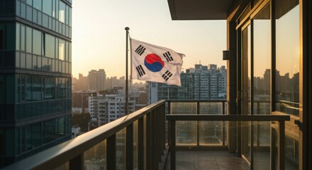 South Korean flag waving on balcony during sunset in cityscape