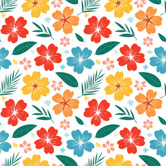 Vibrant Tropical Floral Arrangement with Hibiscus and Leaves Design