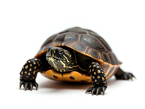 Detailed close up of an Eastern River Cooter turtle walking towards the camera, highlighting its shell and patterned skin.