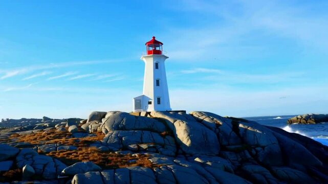 Majestic drone view of a lighthouse perched on a rocky coast, surrounded by calm sea. Lighthouse Peggy's Cove, Nova Scotia, Canada - February 19th, 2021	
