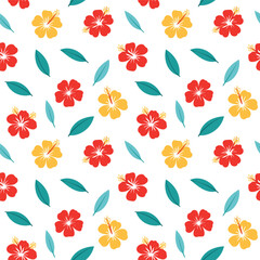 Colorful Hibiscus Flowers and Leaves Seamless Pattern