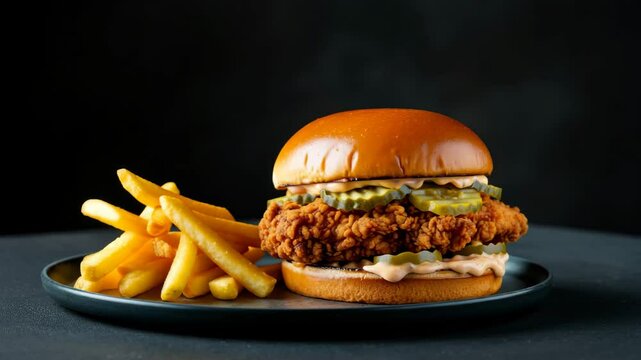 Crispy chicken burger with pickles and fries on dark background in closeup view