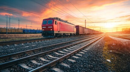 Fototapeta premium A red train traveling on tracks at sunset with a cargo train in the background.