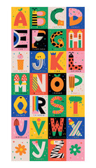 Vibrant vector illustration of the alphabet featuring letters paired with related animals and objects. Ideal for educational materials and creative children’s designs.