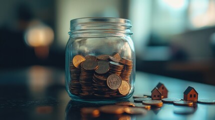 Clear Jar of Coins Surrounded by Tiny Fairy Houses on a Table