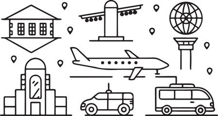 Vector set of transportation icons with silhouettes of cars, trucks, trains, and construction vehicles for travel and equipment design